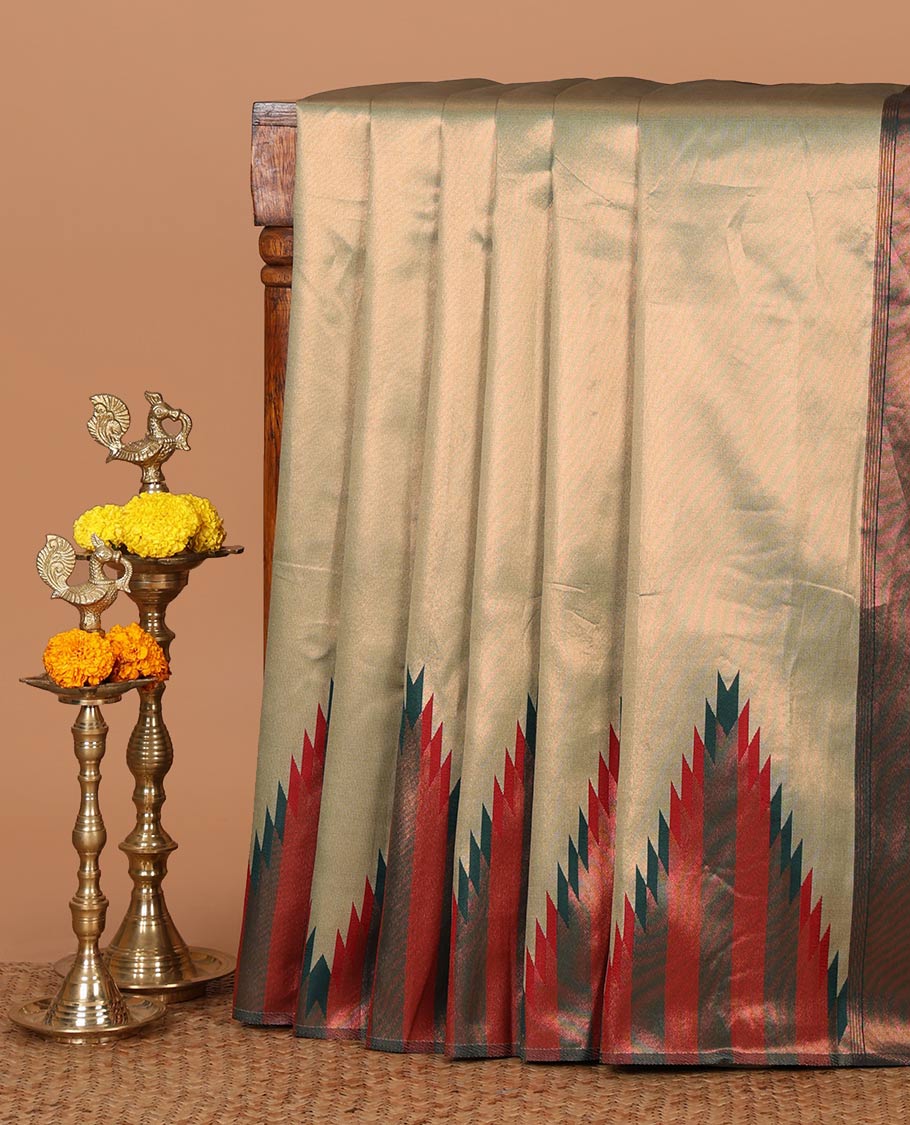 Pista green plain tissue silksaree,contrast gold zari temple border, zari-rich traditional pallu, zari design blouse