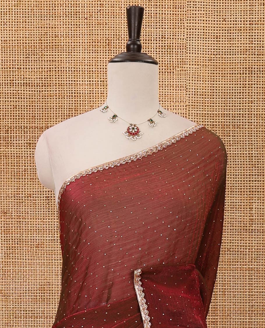 Purple Swarovski stone work embedded fendy-chiffon saree, scallop lace border & floral mixed embroidered blouse