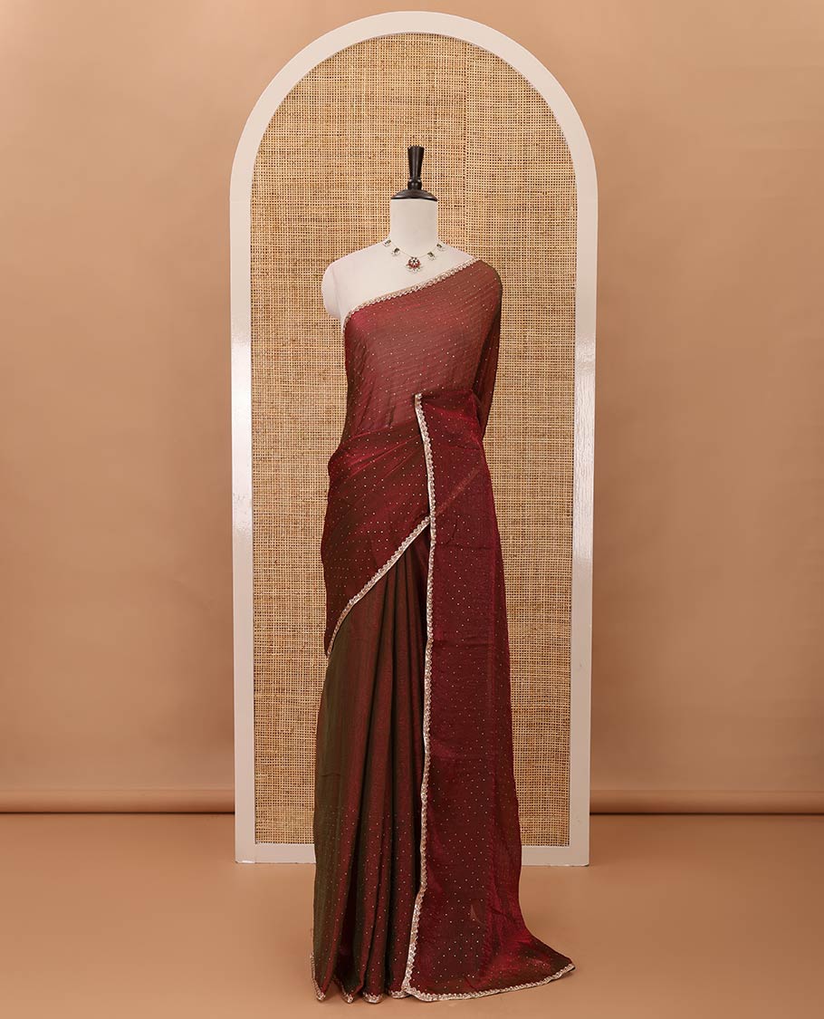 Purple Swarovski stone work embedded fendy-chiffon saree, scallop lace border & floral mixed embroidered blouse