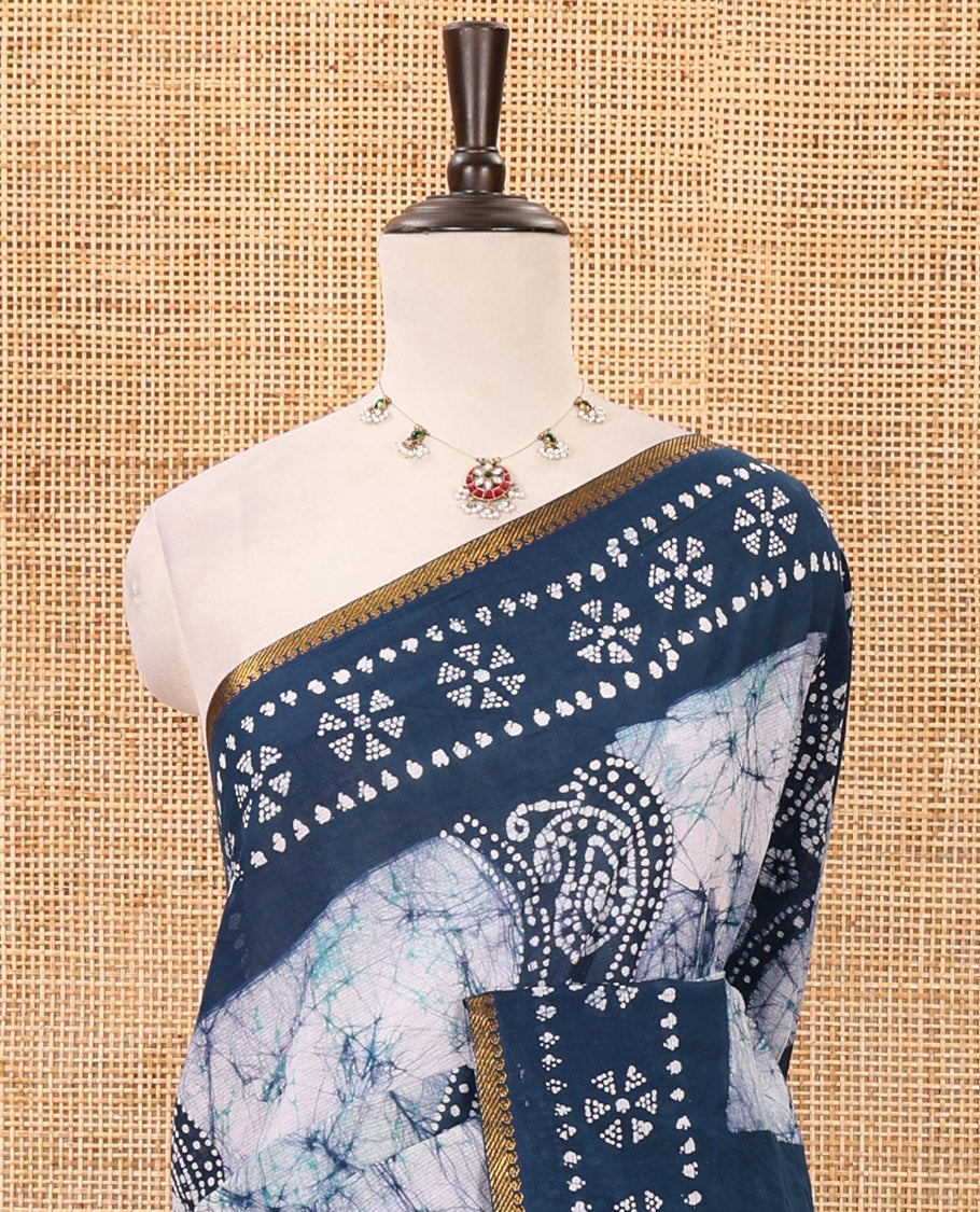 Blue batik-printed sungudi cotton saree, mango zari small border, batik-printed pallu & running blouse