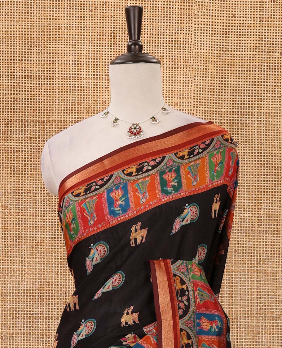 Black animal & Mughal human motifs position printed viscose muslin saree,contrast zari border & Mughal-style print pallu & contrast print blouse