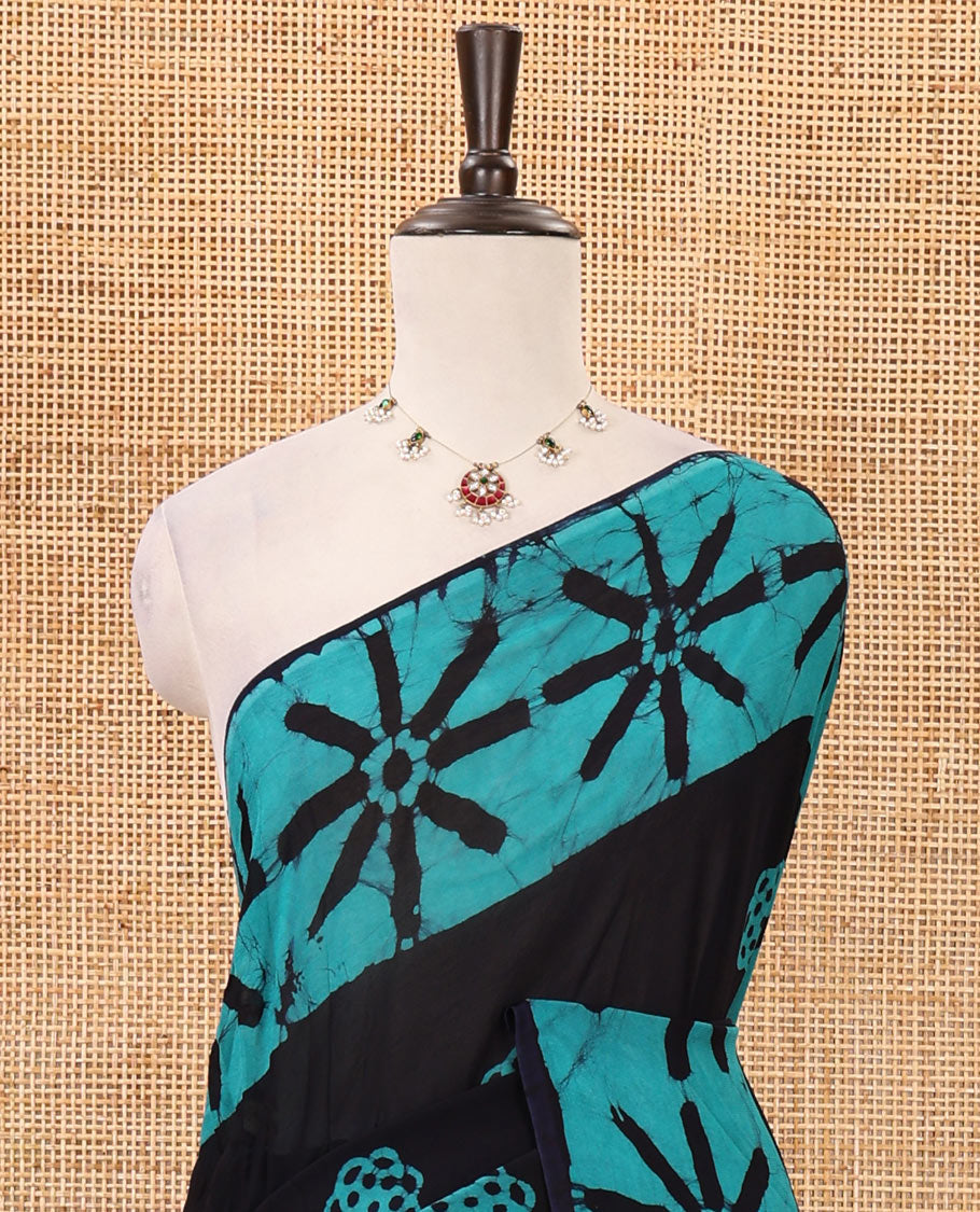 Blue handblock wax batik printed georgette saree, star-like motifs handblock wax batik printed border & pallu & matching printed blouse