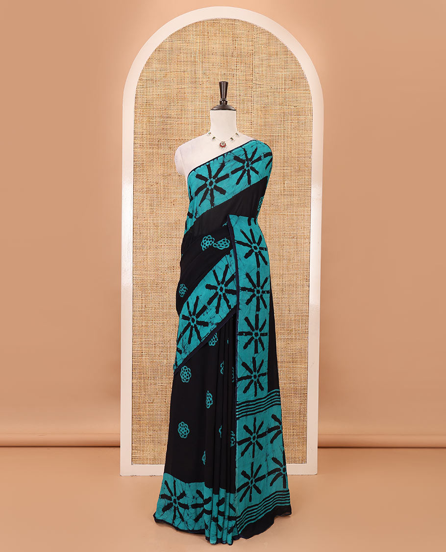Blue handblock wax batik printed georgette saree, star-like motifs handblock wax batik printed border & pallu & matching printed blouse
