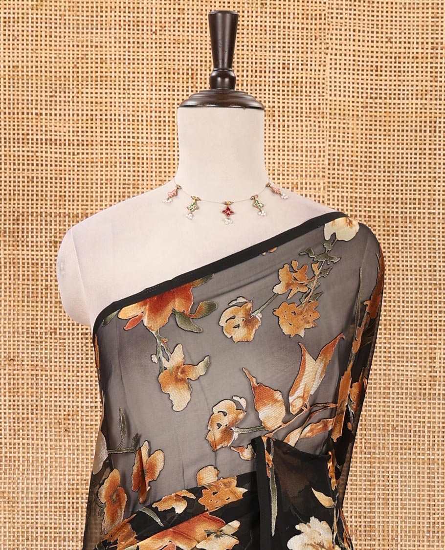 Borderless black-brown all-over floral printed brasso chiffon saree with diamond butta embossed blouse