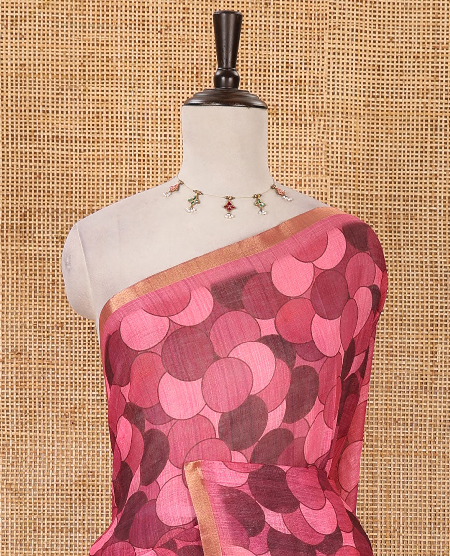 Pink polka dots printed linen cotton saree, piping border, kalamkari floral-peacock printed pallu & small polka dots printed blouse