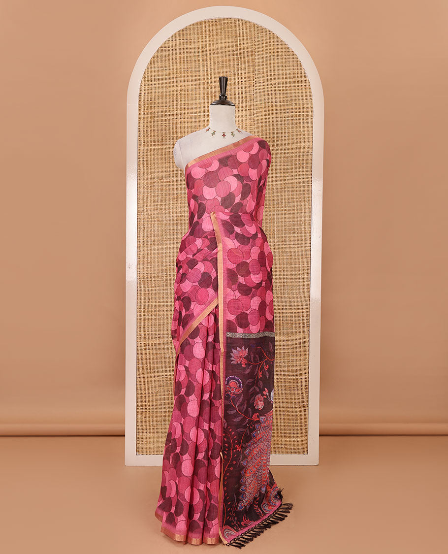 Pink polka dots printed linen cotton saree, piping border, kalamkari floral-peacock printed pallu & small polka dots printed blouse
