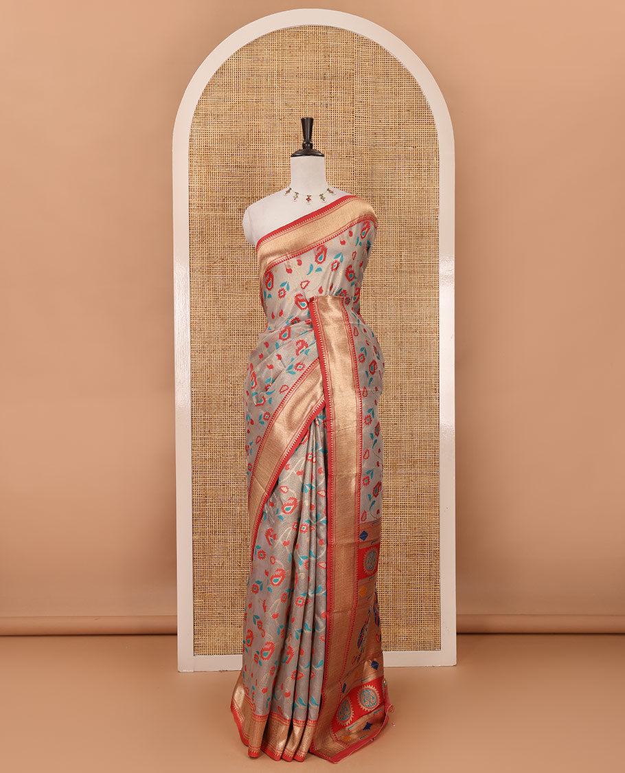 Grey floral & paisley vine tissue silk saree, contrast temple border, paithani-style peacock & muniya pallu & contrast zari buttas blouse