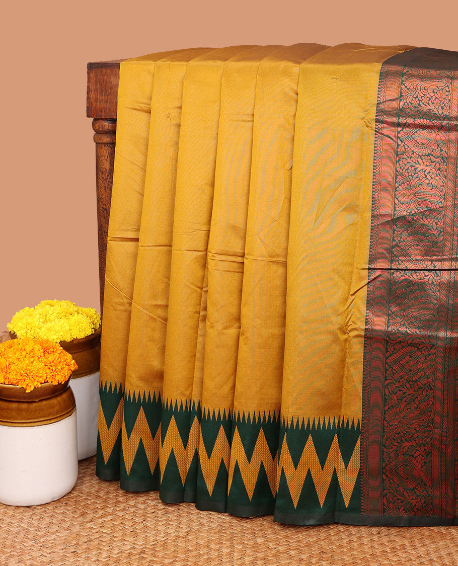 Mustard elite silk saree with thread work , small temple border