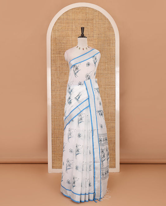 White-blue floral motifs printed Linen cotton saree, contrast Sliver zari bavanji border, floral print pallu & plain blouse