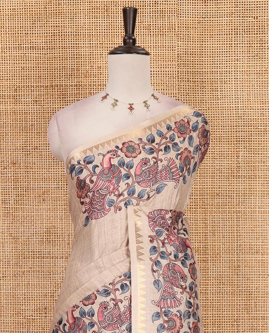 Half-white full-plain katan silk saree, double-side kalamkari floral vine and bird printed temple zari border and matching floral vine printed blouse