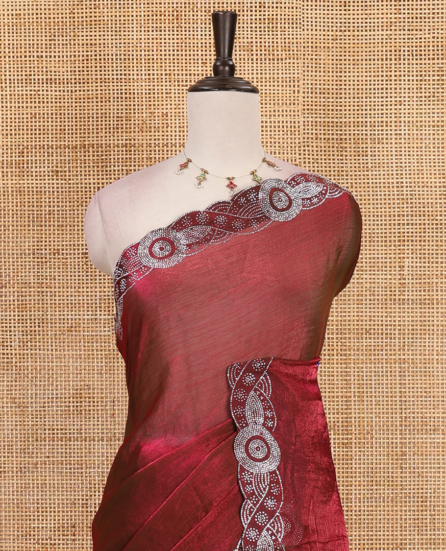 Maroon full-plain fendy chiffon saree, scallop swarovski stone work geometric border and contrast plain blouse