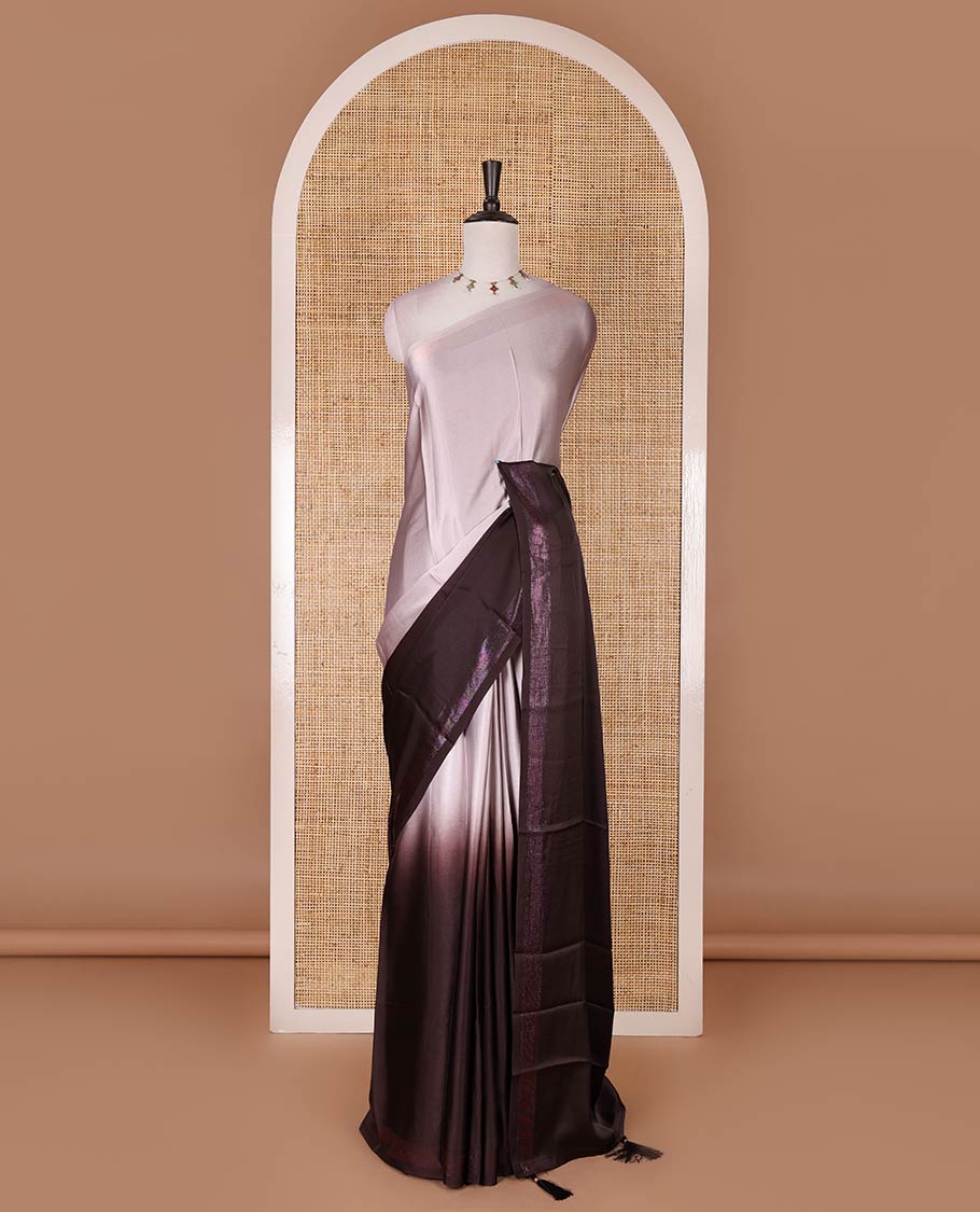 Brown ombre full-plain satin crepe saree, copper zari border, and plain blouse