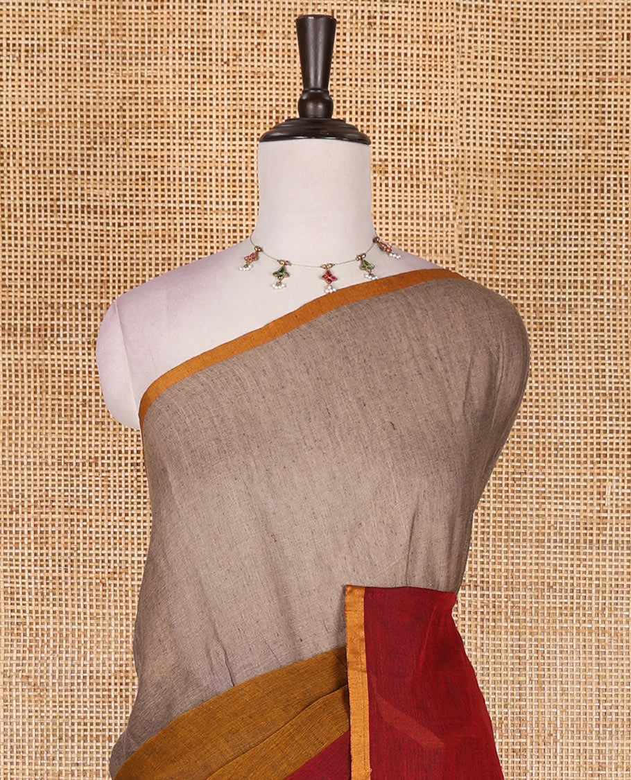 Borderless Maroon ombre style tri-colored plain Khadi mul cotton saree with full plain blouse