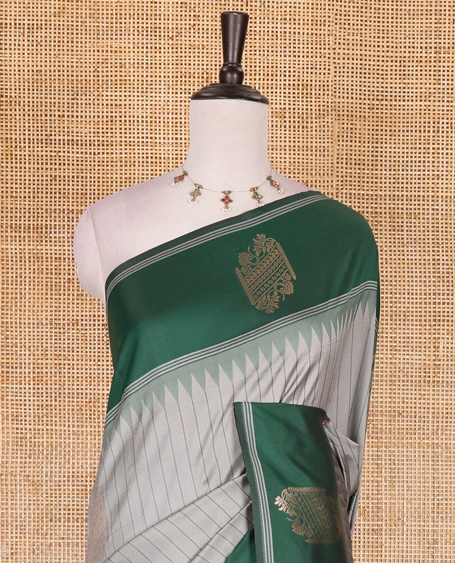 Grey striped and zari buttas Mulberry silk saree, contrast temple zari buttas border, intricate pallu, and contrast zari design blouse