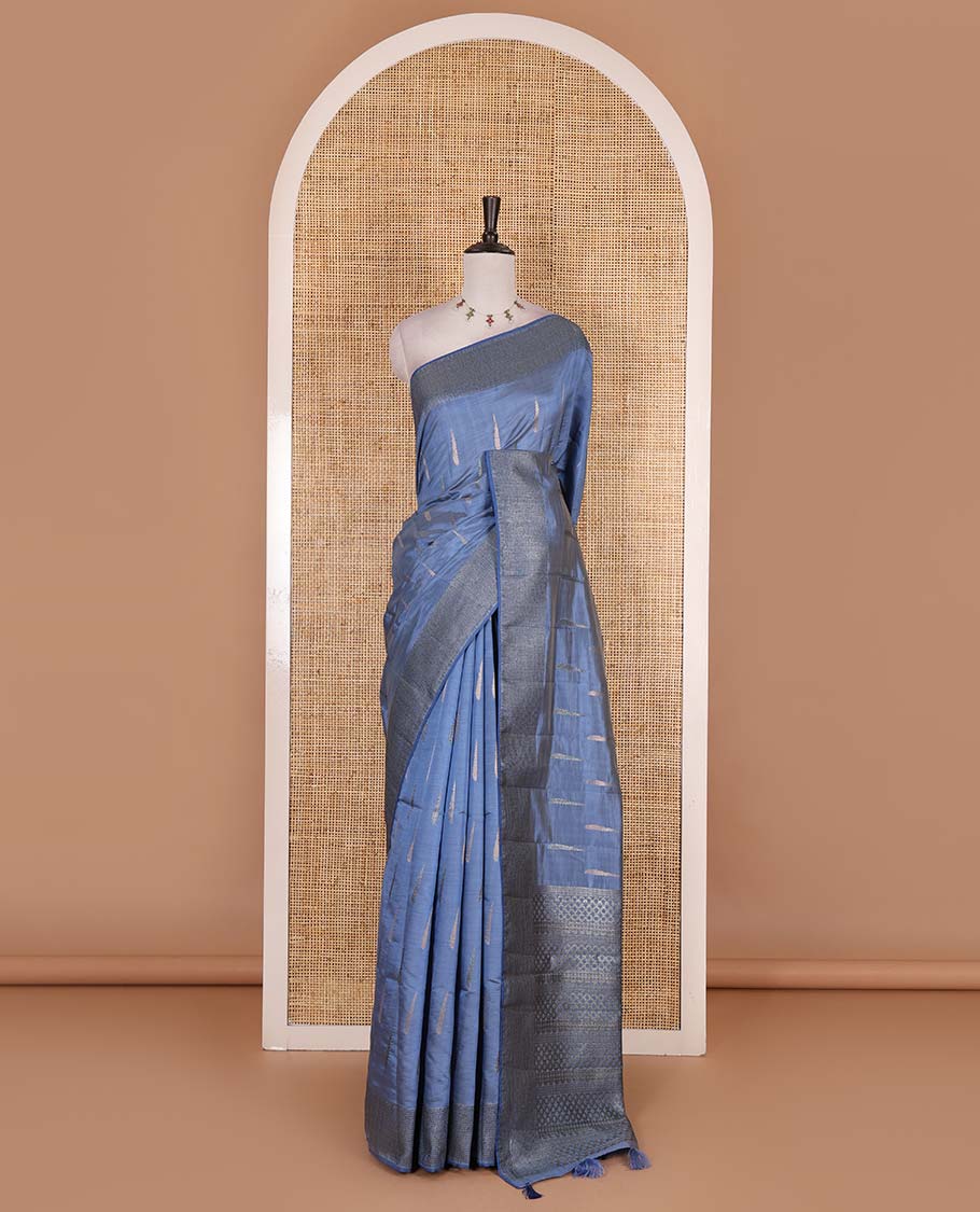 Blue buttas woven semi-tussar saree, zari border, geometric patterned pallu, and a matching blouse