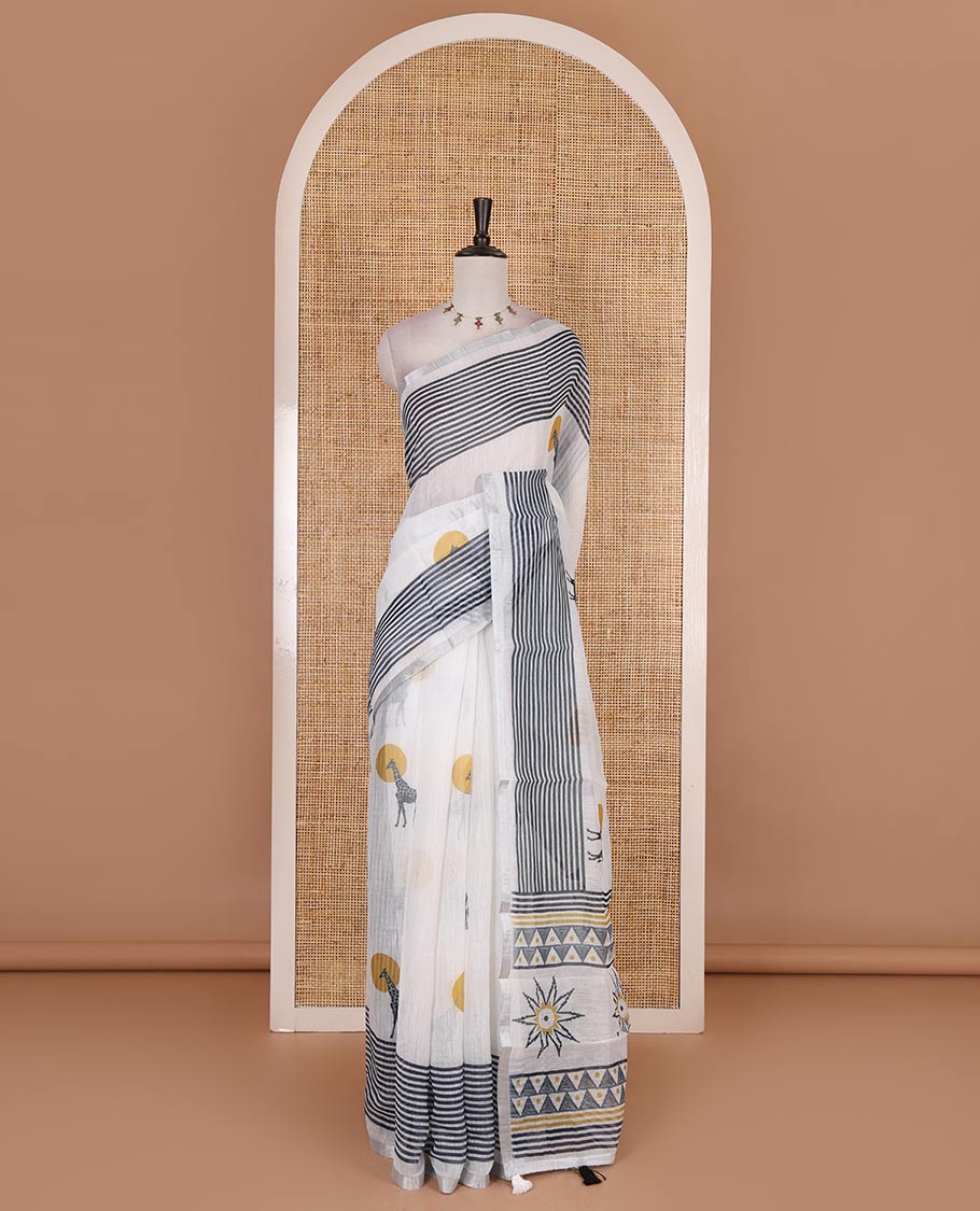 White sun and the giraffe motifs printed linen cotton saree, stripes printed zari piping border, pallu of triangle, and sun motifs print, and striped pallu