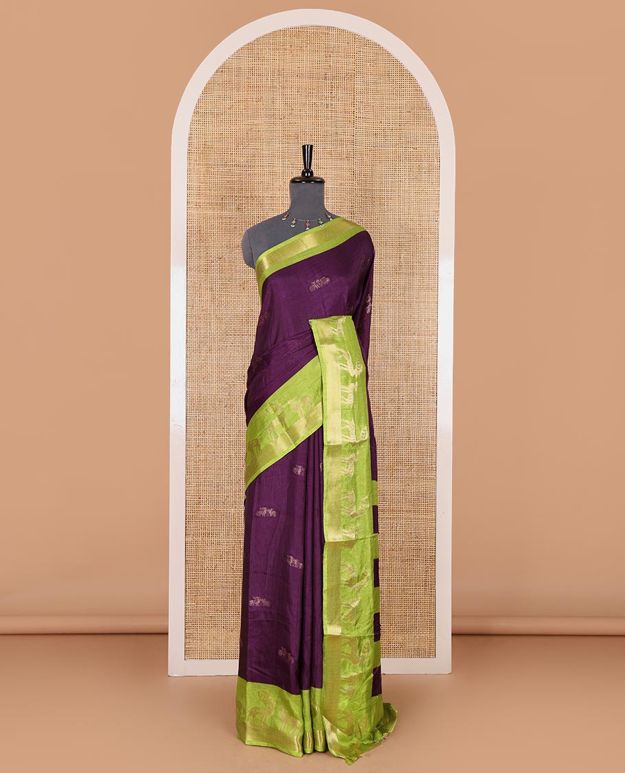 Dark violet deer copper zari buttas dola silk saree, contrast chevron and deer motifs zari border, deer motifs pallu, and contrast deer motifs blouse