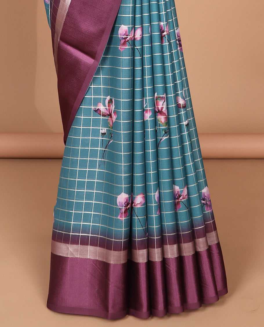 Rama green checks zari, floral digital print dola silk saree with satin border & checks, floral design blouse
