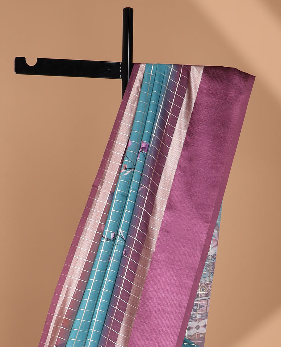 Rama green checks zari, floral digital print dola silk saree with satin border & checks, floral design blouse