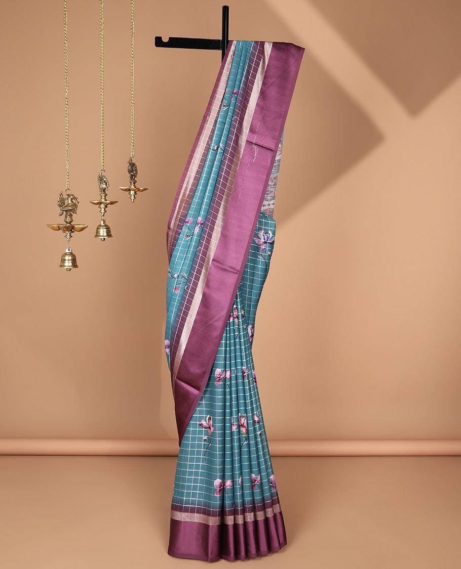 Rama green checks zari, floral digital print dola silk saree with satin border & checks, floral design blouse