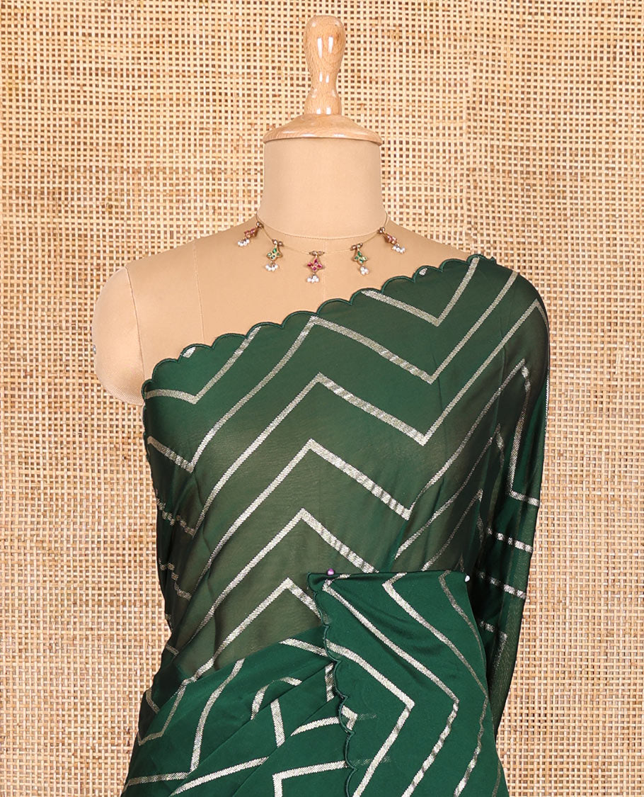 Borderless green zig-zag stripes gold foil printed, scallop-edged rangoli chiffon saree with a matching bandhani dotted blouse