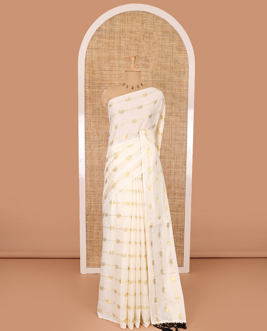 Borderless cream-black peacock and horizontal zari striped Kerala cotton saree, self-pallu with tassels, and a matching blouse