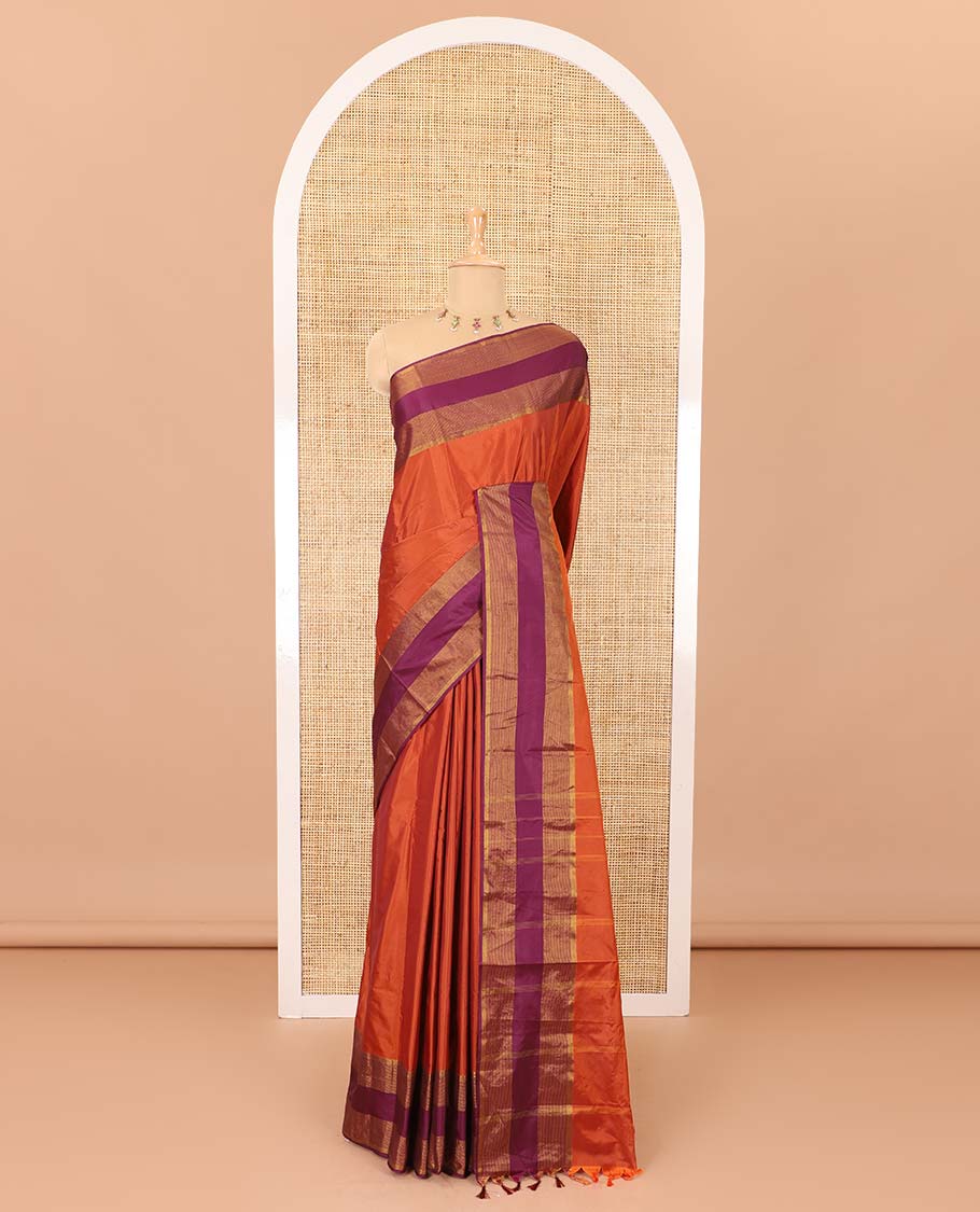 Honey plain semi-soft silk saree with contrast plain border of stripes, striped pallu, and a matching blouse