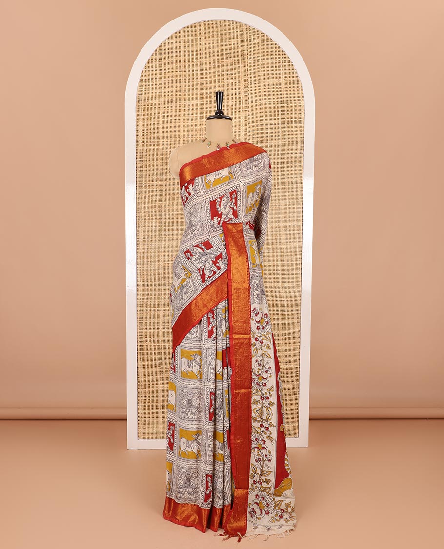 Maroon Pichwai cow, elephant, and Vinayagar motifs enclosed checked printed Mangalagiri cotton saree with contrast mayil kann zari borders, kalamkari printed pallu, and a floral vine printed blouse