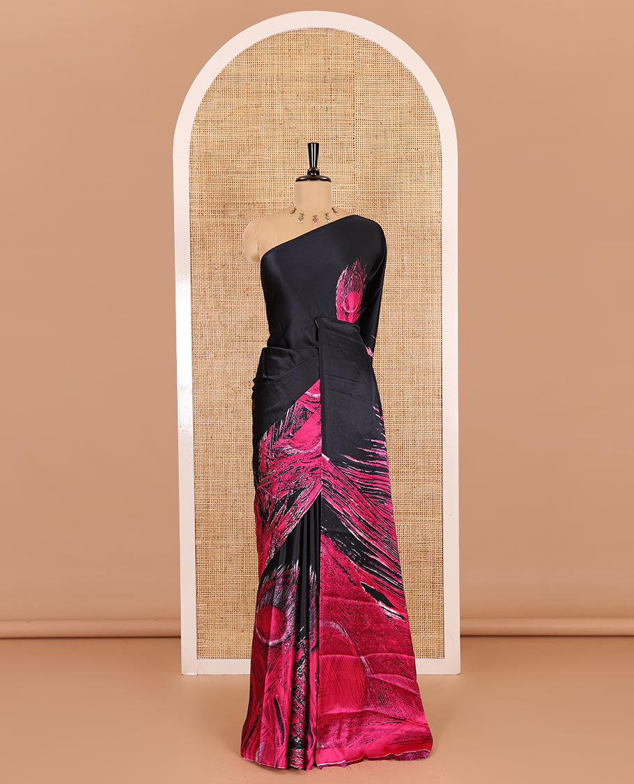 Borderless black and rani peacock feathers style abstract printed Gajji silk saree, peacock feathers printed pallu, and a contrast printed blouse
