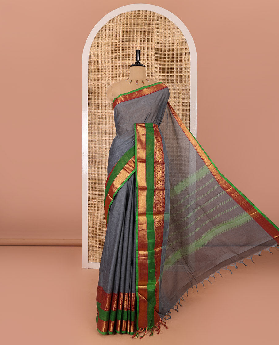 Grey plain Chettinad cotton saree, contrast traditional zari rettai pettu border, striped pallu, and a matching blouse