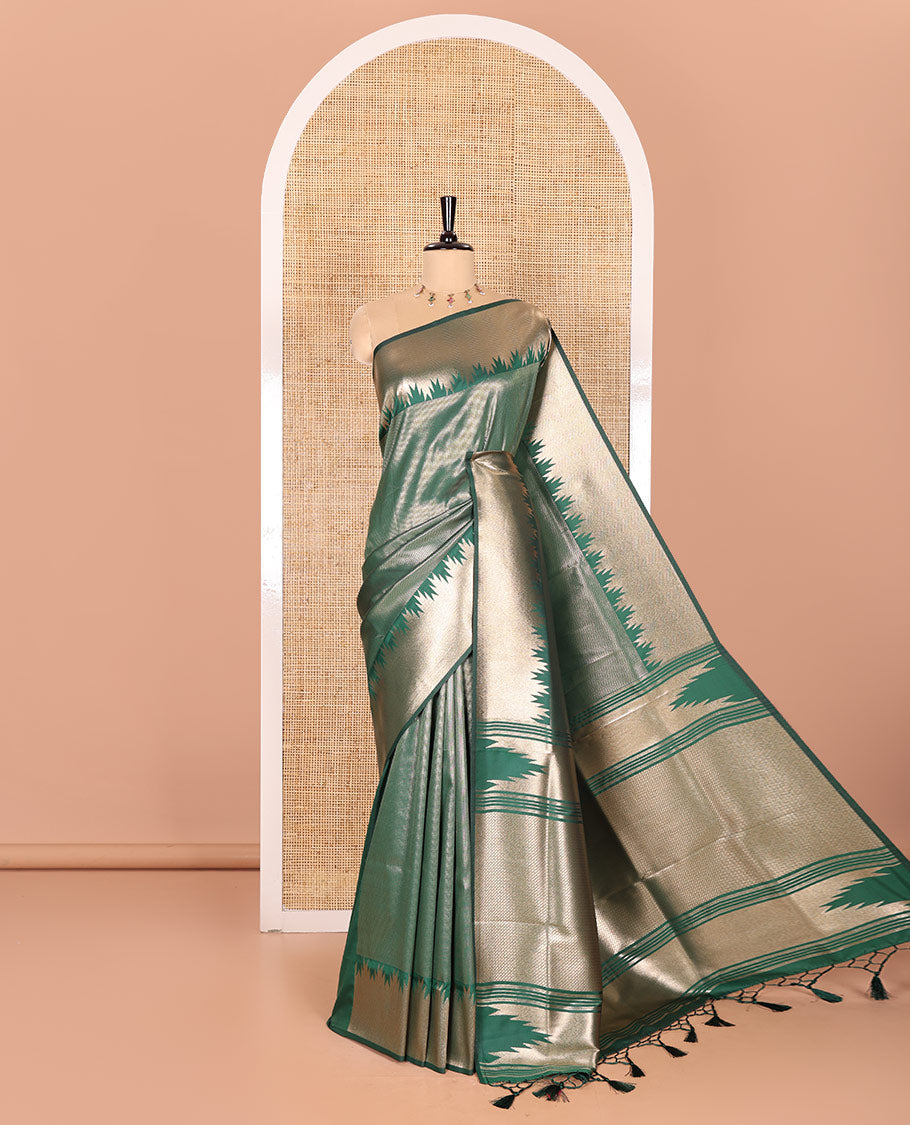 Green Elite Soft Silk Saree Gleamed Up with Vaira Oosi Stripes, Featuring a Temple Zari Border, Zari Elevated Pallu, and a Matching Zari Design Blouse