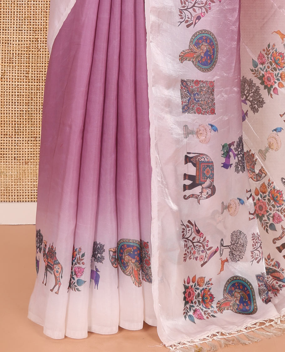 Onion Pink Plain Fendy Chiffon Saree Featuring a Contrast Flora-Fauna Motifs Digital-Printed Border, with the Pallu Mirroring the Same Flora-Fauna Motifs Print, Paired with a Contrast Blouse in Matching Flora-Fauna Motifs Print