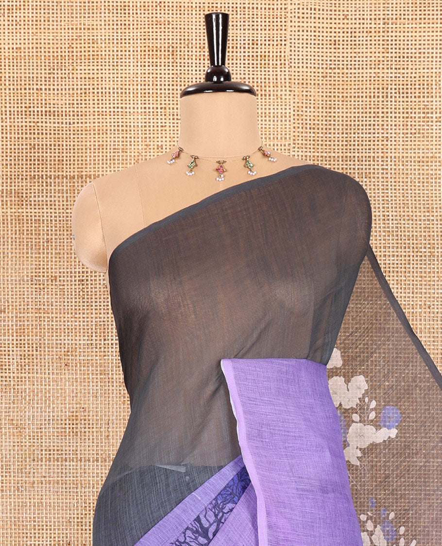 Borderless Lavender Linen Cotton Saree Beautified with Nature-Theme Print Featuring the Sun, Trees, and Birds All Over the Saree, Paired with a Striped Blouse