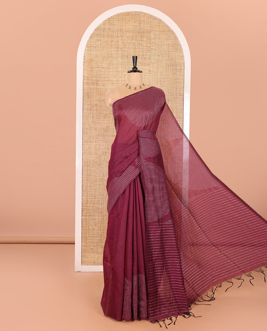 Borderless Purple Chanderi Cotton Saree Elevated with Sequins and Thread Stripes, Self-Pallu Featuring Sequins and Thread Stripes, and Comes with a Matching Blouse