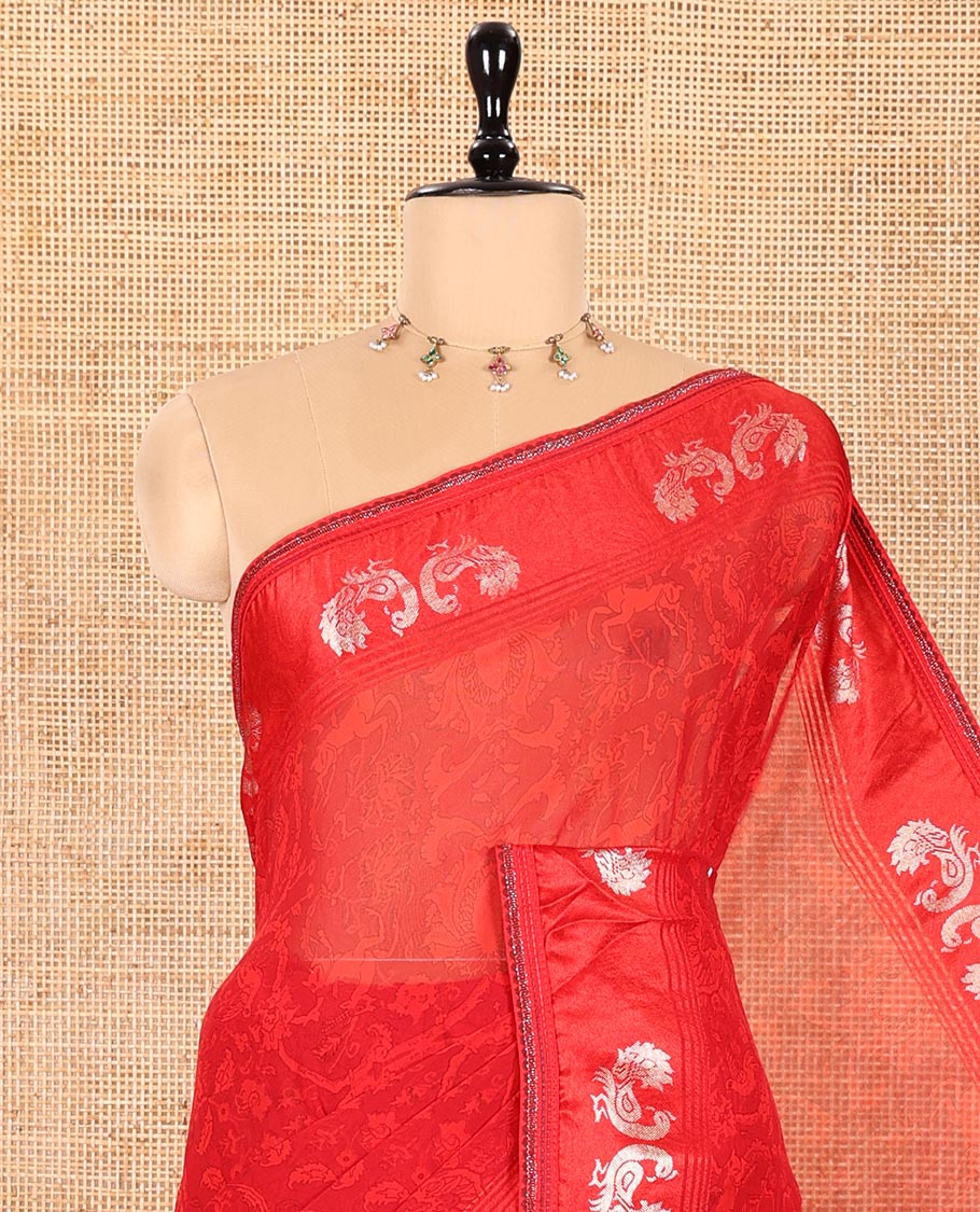 Red Georgette Saree, Accentuated with Intricate Printed All Over Its Body, a Subtle Border of Peacock Designs, a Printed Pallu, and Paired with a Matching Blouse