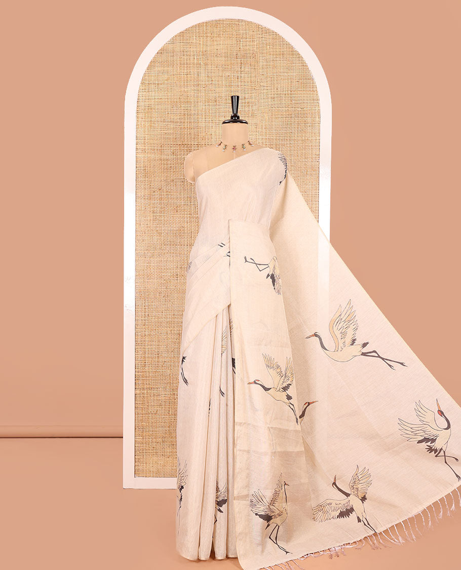 Borderless Gold Tissue Saree, Enthralled with Crane Motifs on Its Body, Self-Pallu Features the Same Crane Motifs Print, and Paired with a Matching Crane Motifs Printed Blouse