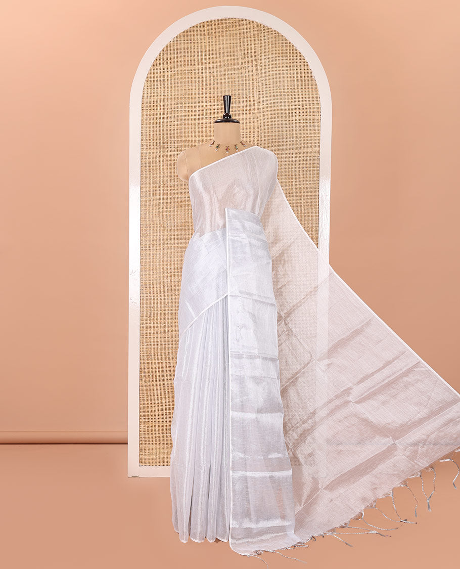 Borderless Silver Plain Khadi Tissue Saree, a Self-Pallu, and Paired with a Matching Blouse
