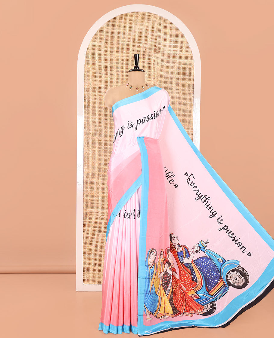 Pink Satin Crepe Saree, Uniquely Printed with Calligraphy Print, Complemented by Contrast Border, Pallu of Human Figurines Print, and Paired with a Contrast Blouse