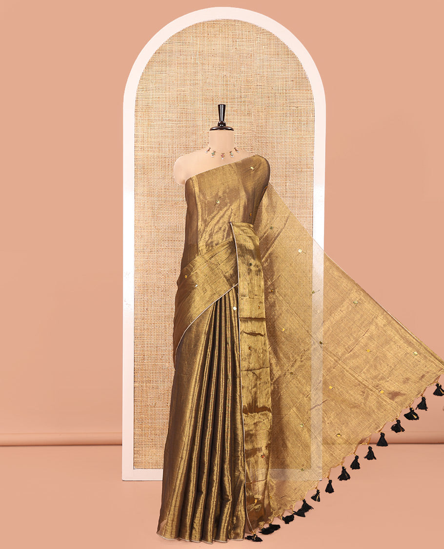Borderless Leaf Green Khadi Tissue Silk Saree, Entralled with Sequins On Its Body, a Self-Pallu and Paired with a Matching Blouse