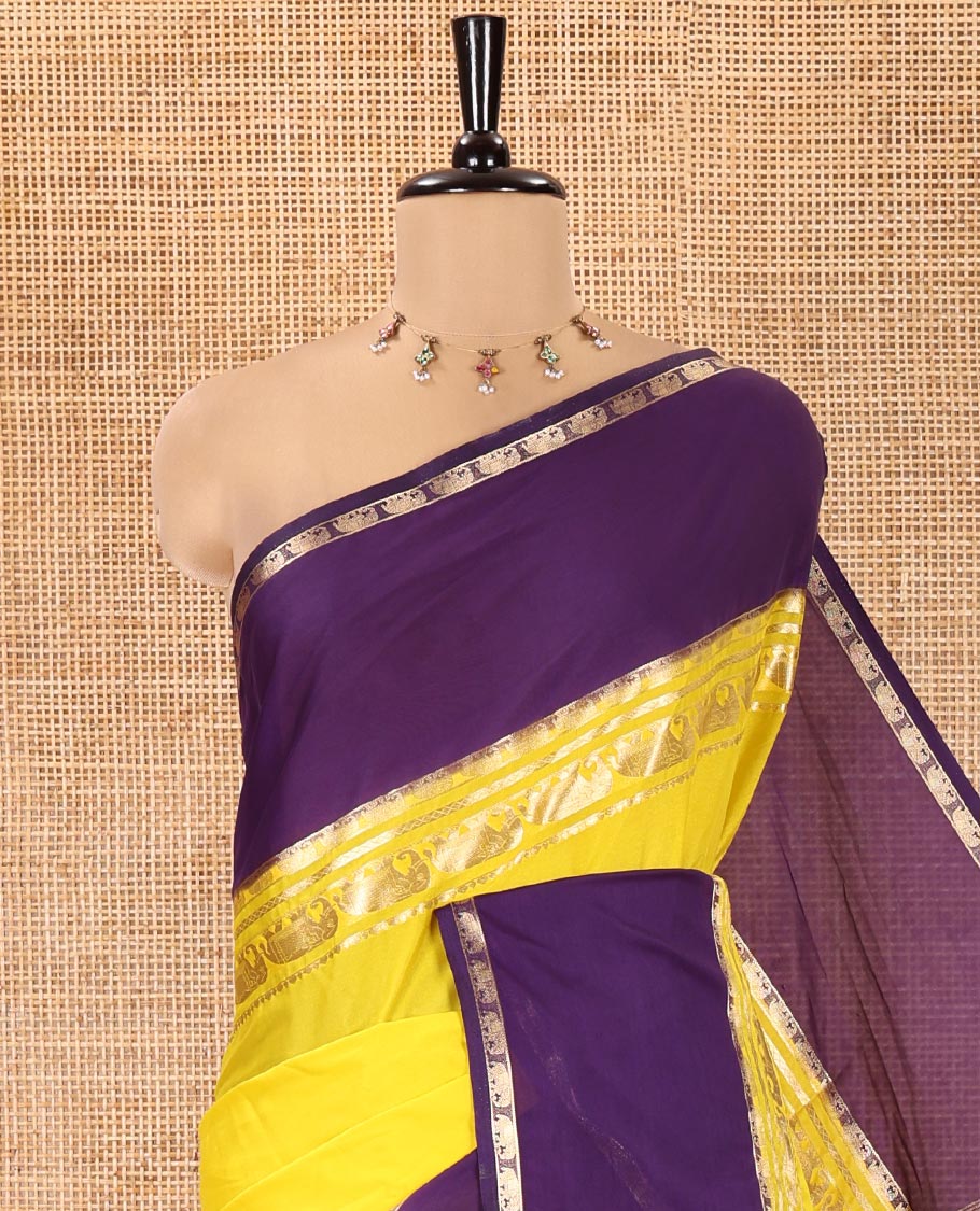 Yellow Plain Art Mysore Silk Saree, Complemented by Captivating Contrast Rettai Pettu Traditional Border of Elephant Zari Buttas, Striped Pallu, and Paired with a Contrast Blouse