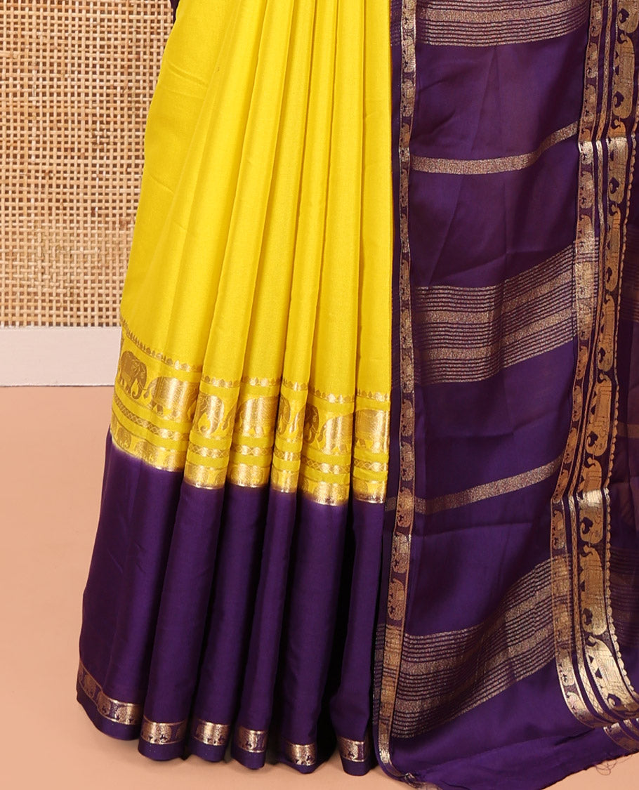 Yellow Plain Art Mysore Silk Saree, Complemented by Captivating Contrast Rettai Pettu Traditional Border of Elephant Zari Buttas, Striped Pallu, and Paired with a Contrast Blouse