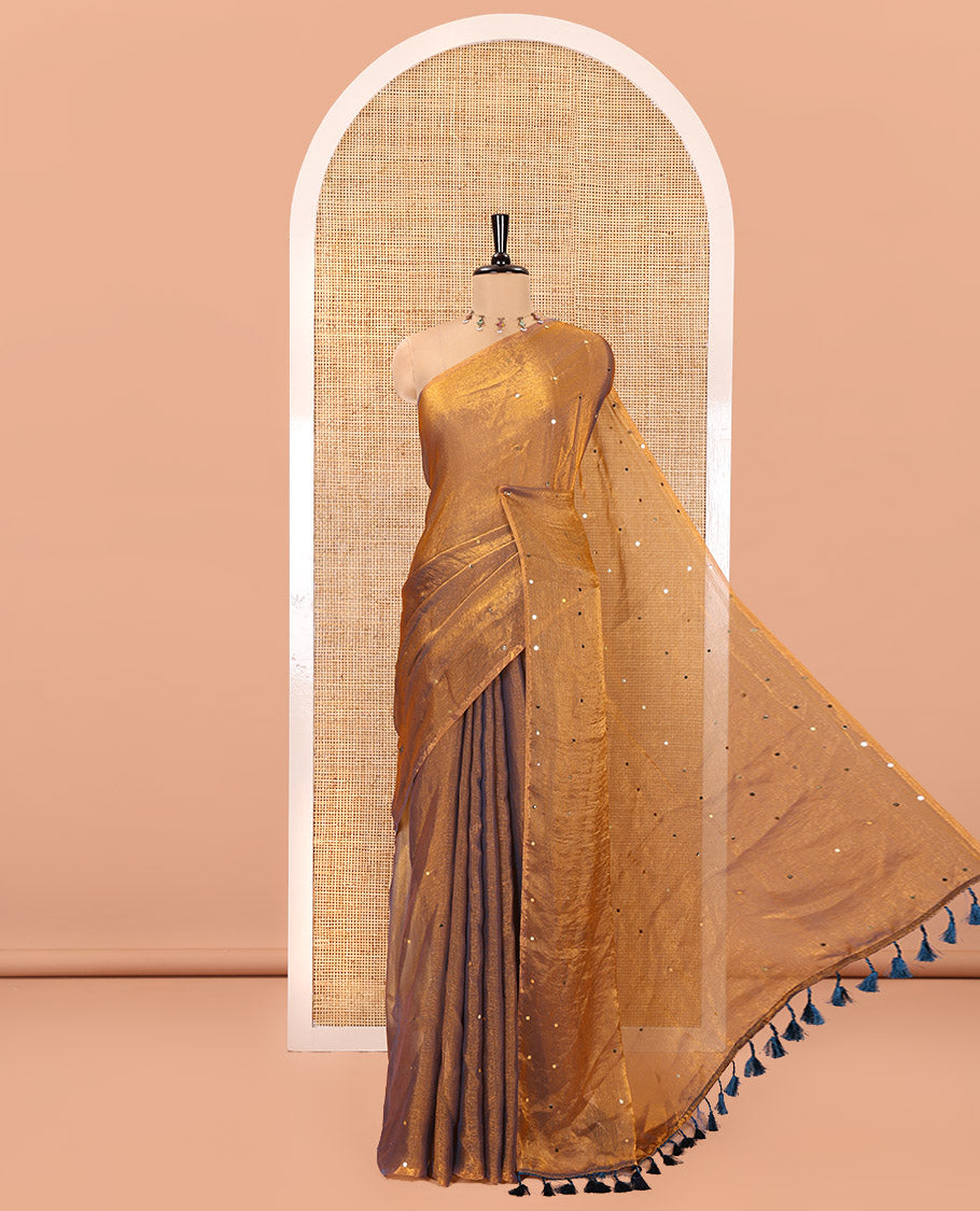 Borderless Copper Gold Fendy Chiffon Saree, Gleamed Up with Sequin Work on Its Body, Highlighted by a Self-Pallu of Sequin Work, and Paired with a Matching Blouse