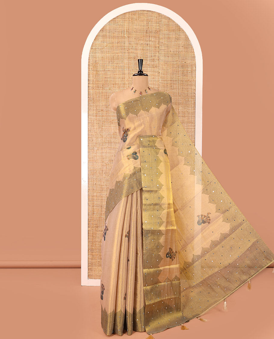 Chikku Tissue Saree, Enriched with Floral Buttas and Mirrorwork, a Self-Border, Pallu of Ogee Print, and a Matching Blouse
