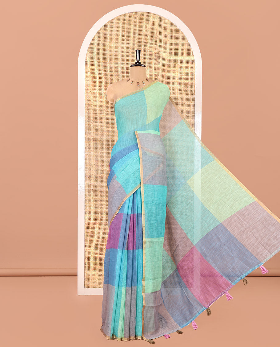 Borderless Rama Linen Cotton Saree, Detailed with Macro-Checked Design on Its Body, a Self-Pallu, and Paired with a Contrast-Printed Blouse