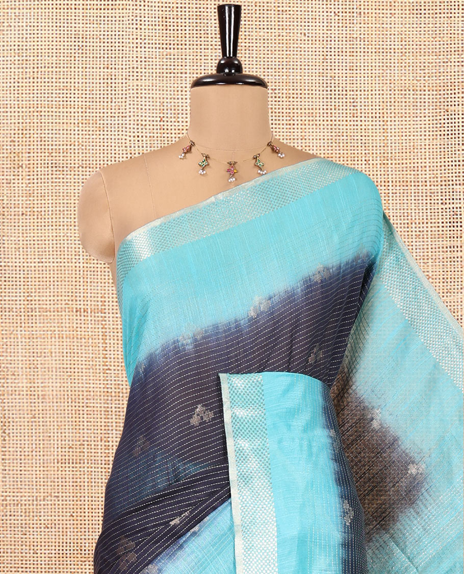 Navy Blue Bhagalpur Cotton Saree, Accentuated with Zari Butta and Horizontal Stripes on Its Body, Complemented by a Contrast Traditional Zari Border, Pallu Steeped with Buttas, and Paired with a Contrast Blouse