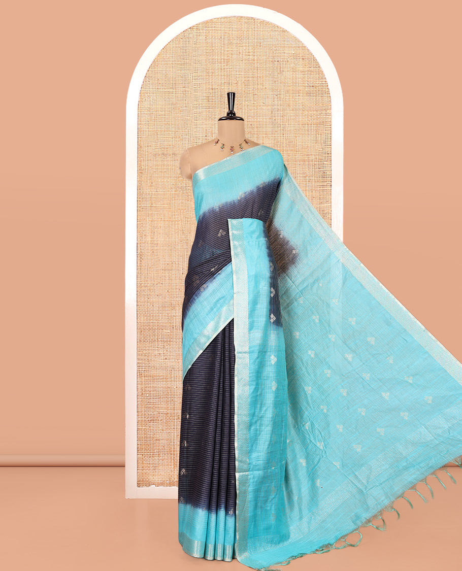 Navy Blue Bhagalpur Cotton Saree, Accentuated with Zari Butta and Horizontal Stripes on Its Body, Complemented by a Contrast Traditional Zari Border, Pallu Steeped with Buttas, and Paired with a Contrast Blouse