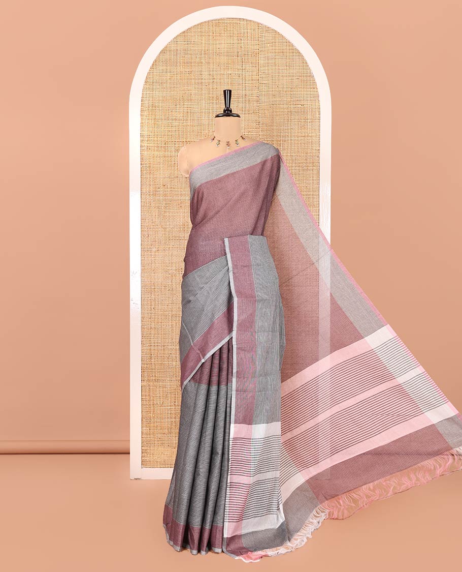 Grey and Onion Pink Chettinad Cotton Saree, Bedecked with Half-And-Half-Style Horizontal Stripes on Its Body, a Subtle Contrast Border, and Has No Blouse