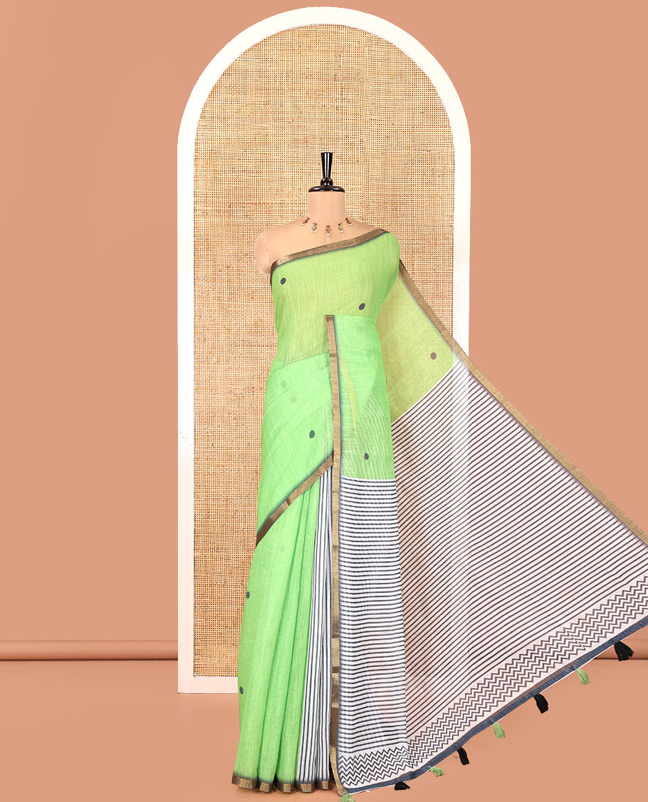 Parrot Green Linen Cotton Saree, Adorned with Half-And-Half-Style Polka Dots, a Subtle Piping Border, Contrast Vertically Striped Pallu, and a Contrast Blouse