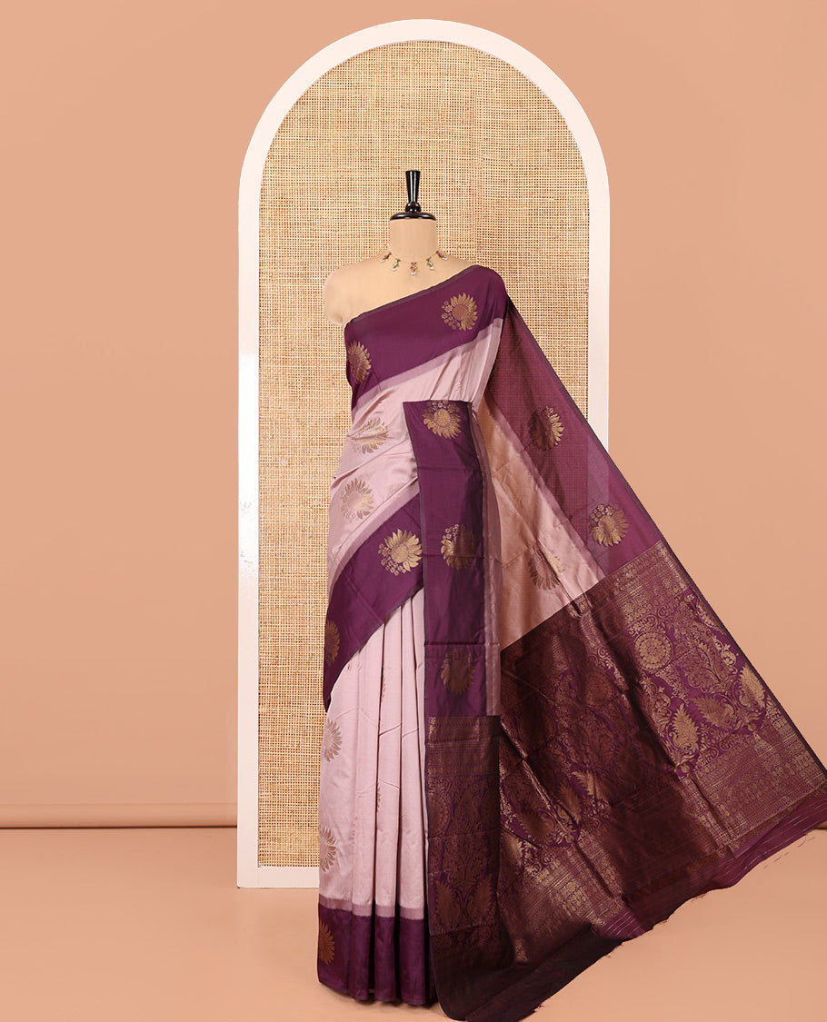 Dusky Purple Kanchi Silk Saree, Artfully Detailed with Floral Zari Buttas All Over Its Body, Complemented by Contrast Floral Design Border, Intricately Designed Pallu, and Paired with a Contrast Blouse