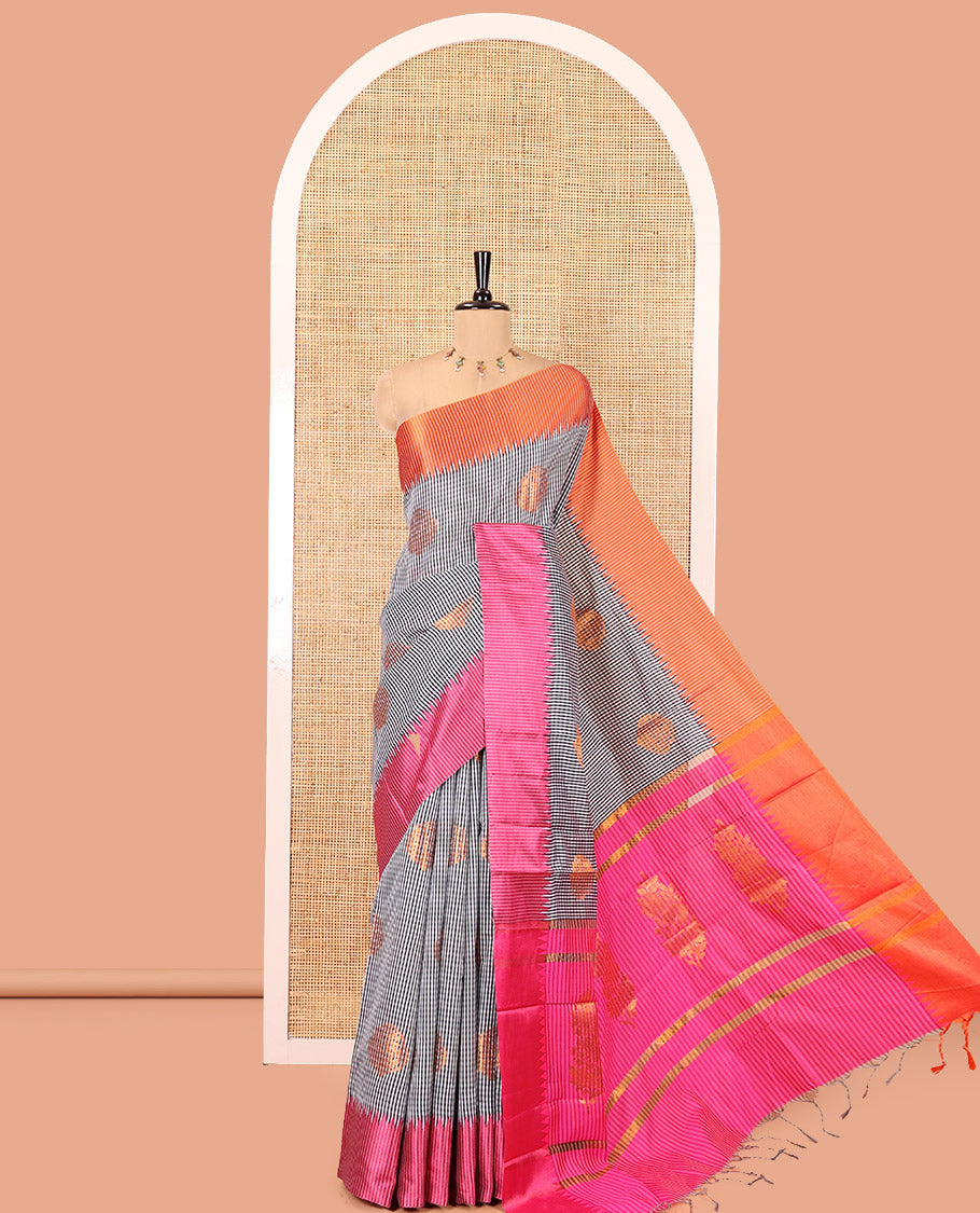Black-Orange Kanchi Silk Saree Features Checks and Buttas, Contrast Ganga-Jamuna Temple Border, and Contrast Blouse